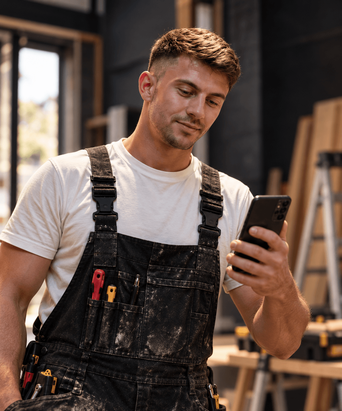 Handwerker prüft einen Auftrag auf seinem Smartphone